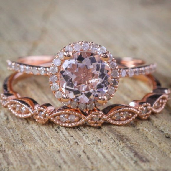 NEW 18K Rose Gold Pink&White Diamond 2P Ring Set - Picture 2 of 5